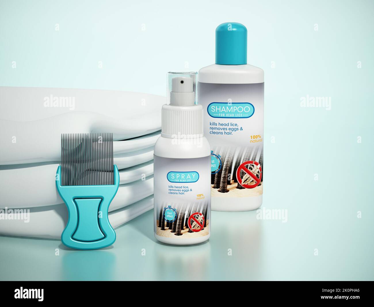 Hair lice shampoo, spray, metal lice and towel. 3D illustration. Stock Photo