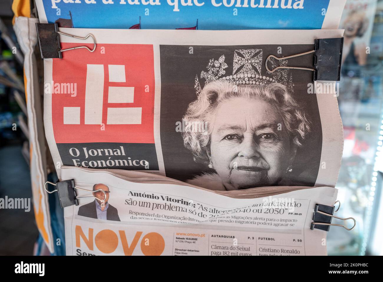 Lisbon, September 10th 2022 Newspapers in Lisbon reporting the death