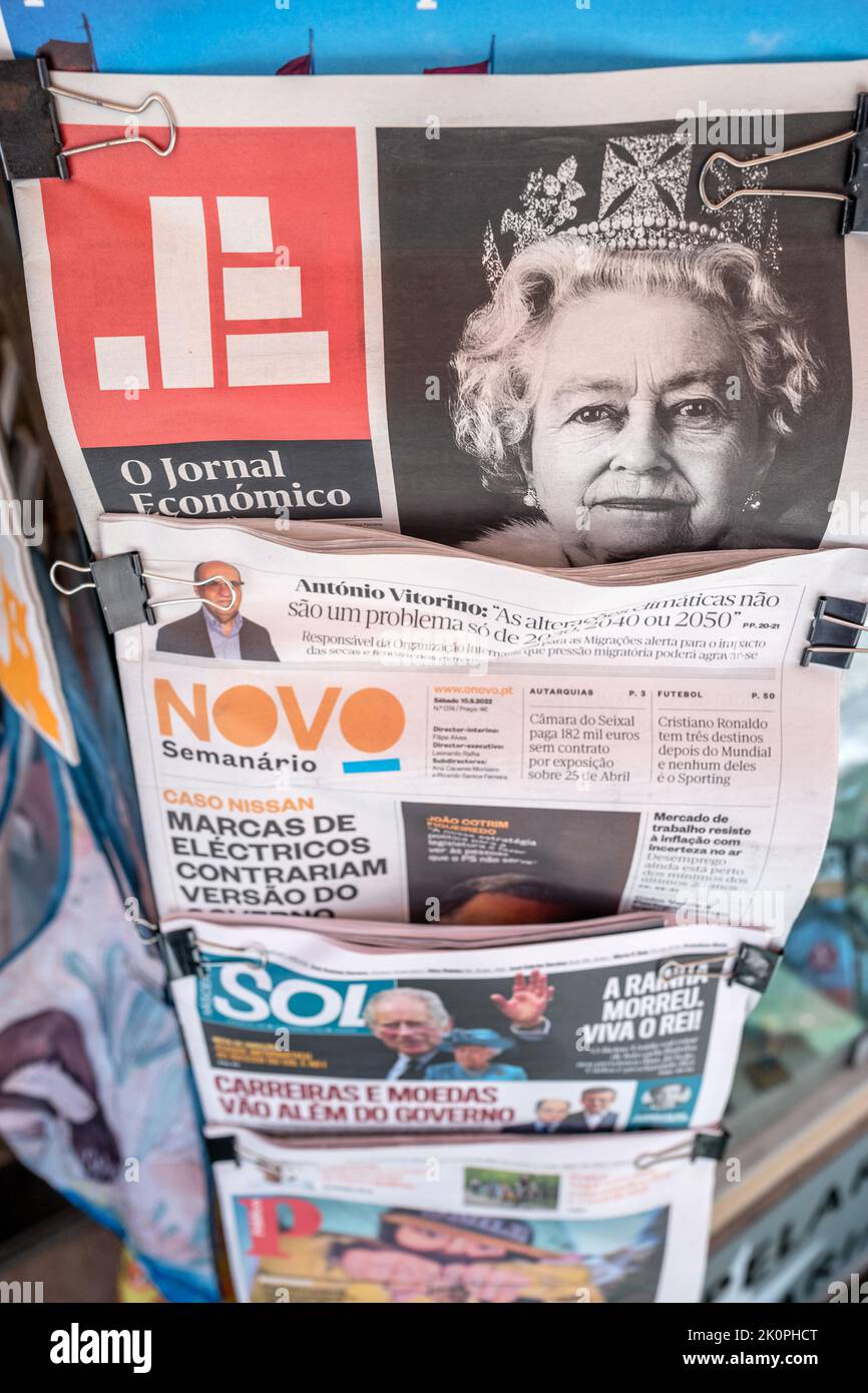 Lisbon, September 10th 2022 Newspapers in Lisbon reporting the death