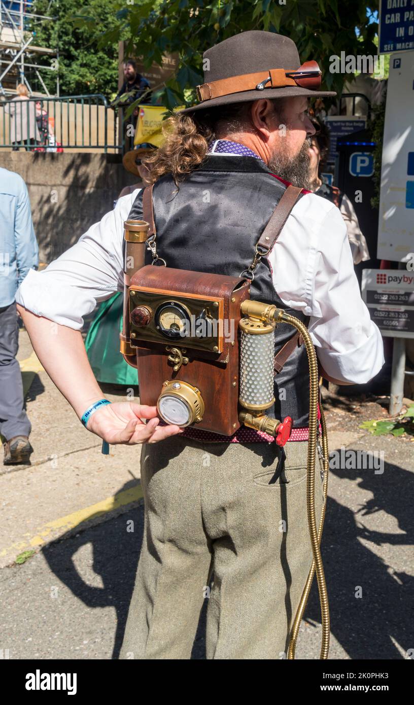 Man wearing Steampunk backpack at Lincoln Steampunk Festival, Lincoln 2022 Stock Photo