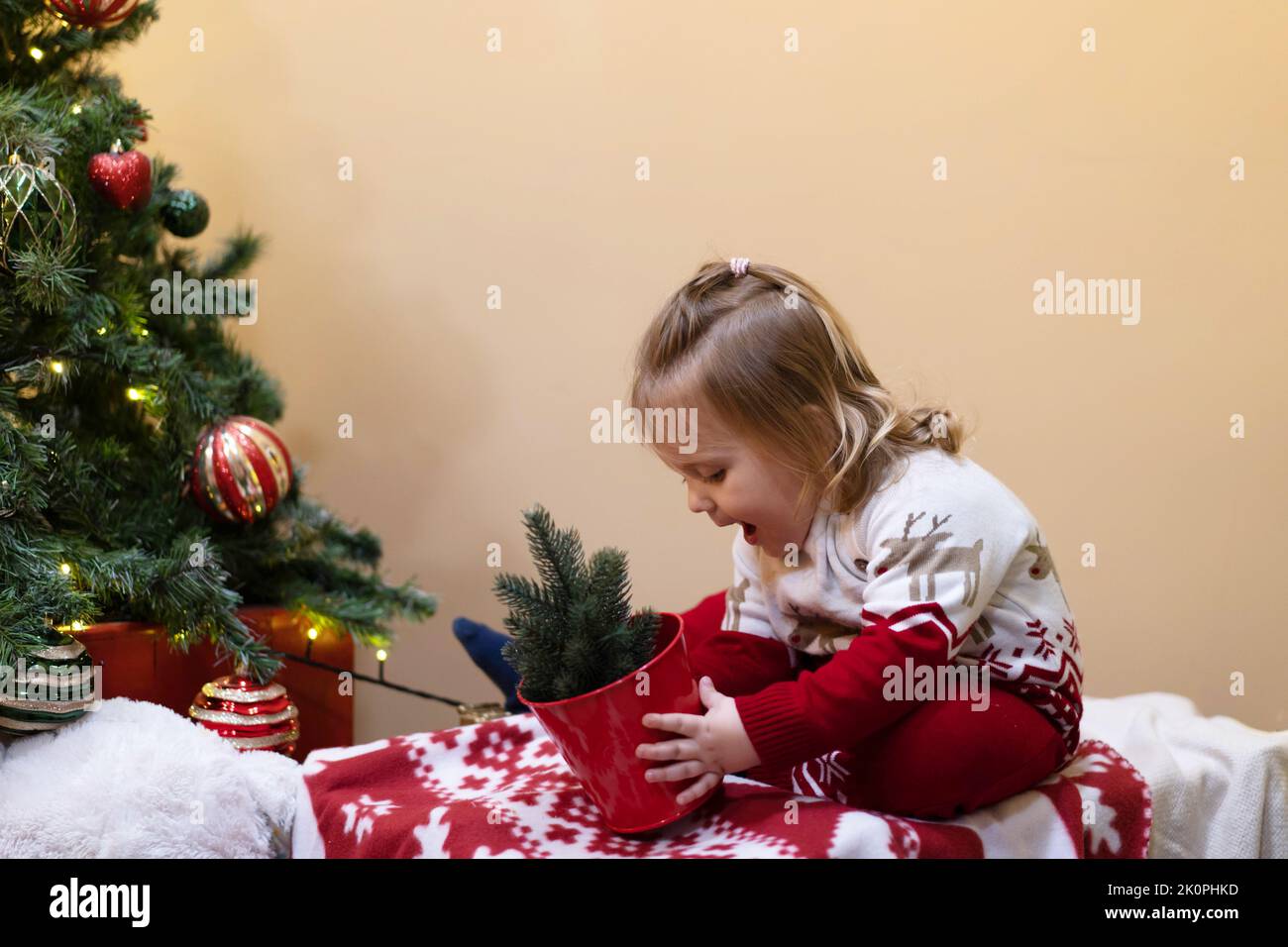 A child in winter Christmas red clothes holds a small Christmas tree in his hands and plays with toys. The concept of New Year holidays, discounts, shopping. Stock Photo