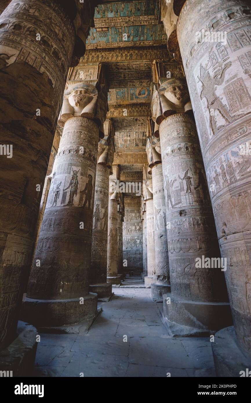 View to an Ancient Egyptian Painted Pillars of the Dendera Temple