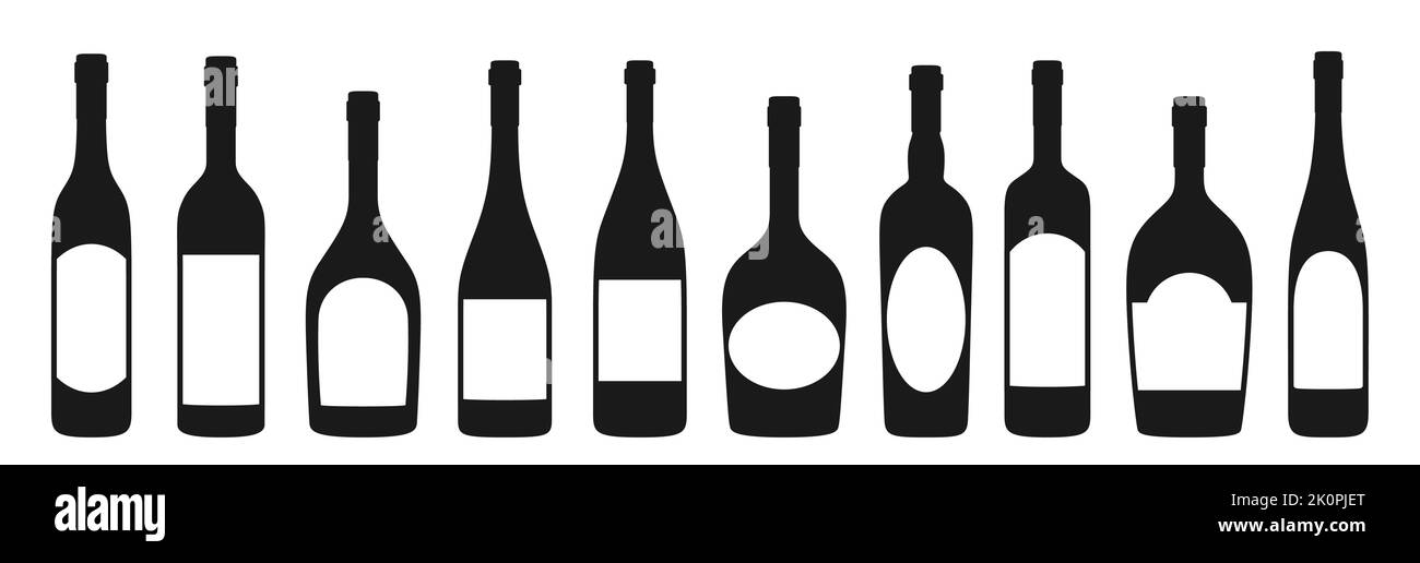 Wine bottle different shapes and empty label set. Various types alcohol