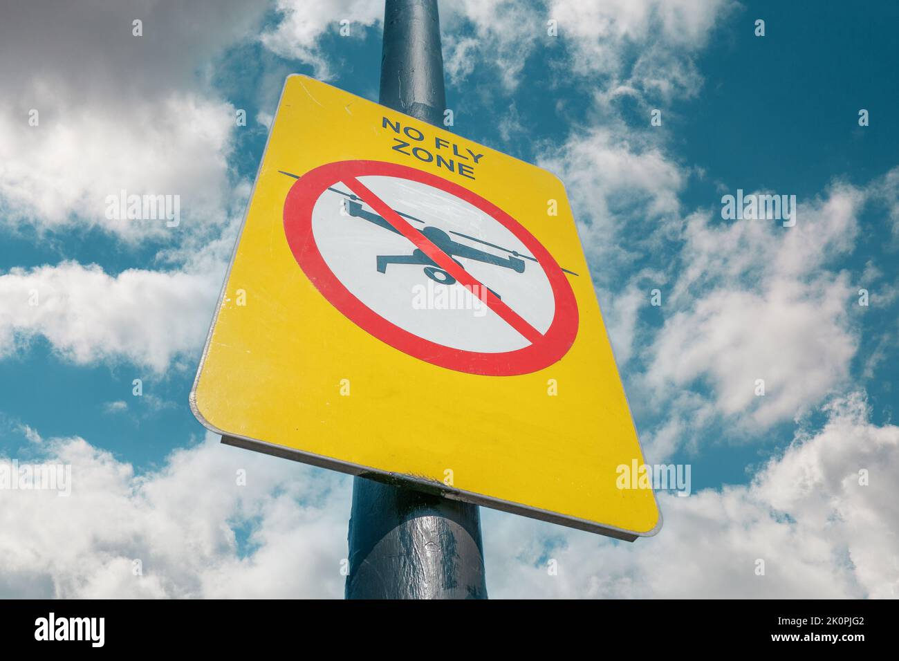 No fly zone sign on sky background. Warning for drones or quadcopter pilots. Stock Photo