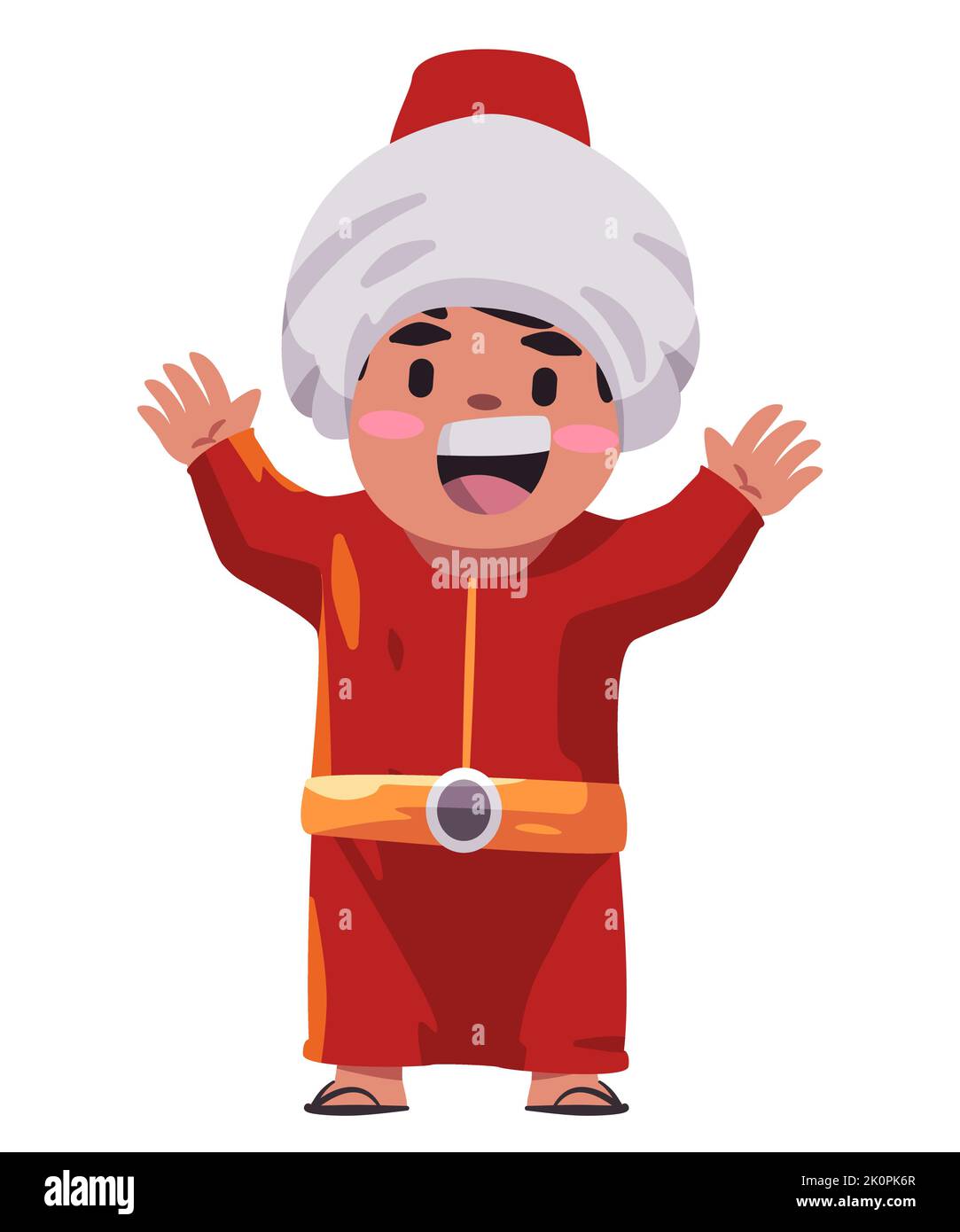 Arab turkish sultan wearing turban and red clothes happy child wearing ethnic costume Stock Vector