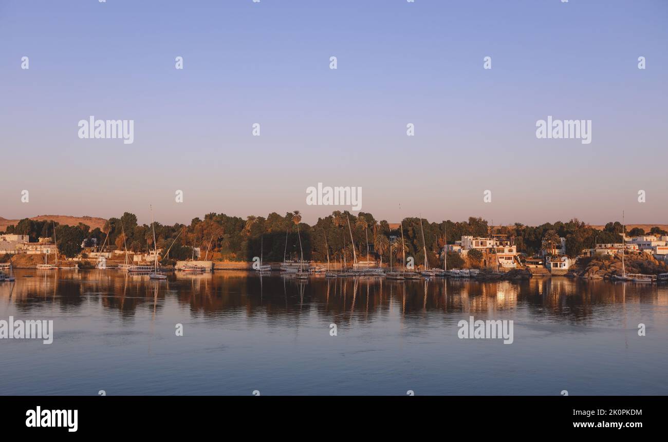 Sunset View to the Panoramic Aswan cityscape with the Palm Trees, Egypt ...