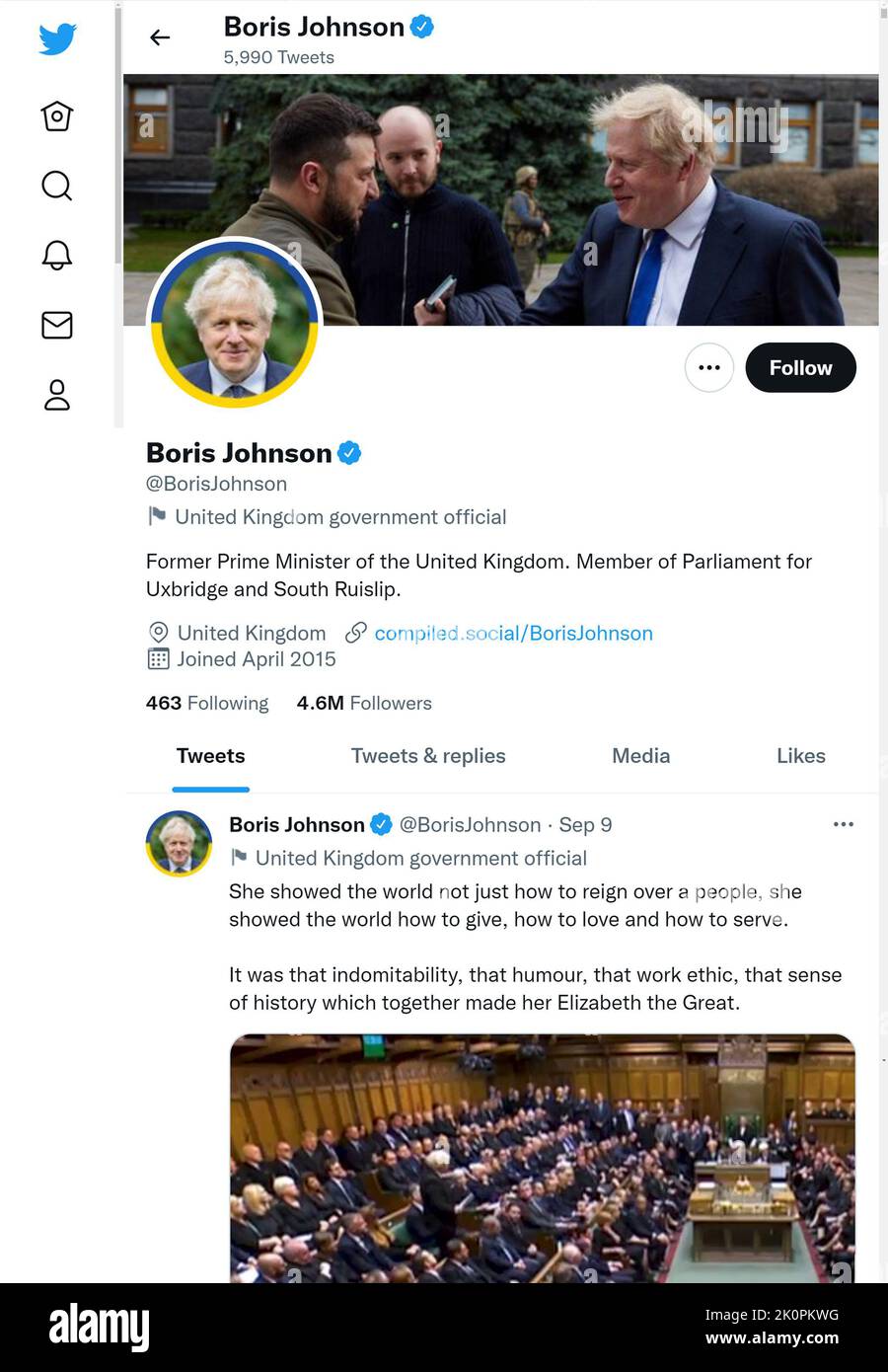 Twitter page (Sept 2022) of former British Prime Minister Boris Johnson, shortly after the death of Queen Elizabeth Stock Photo