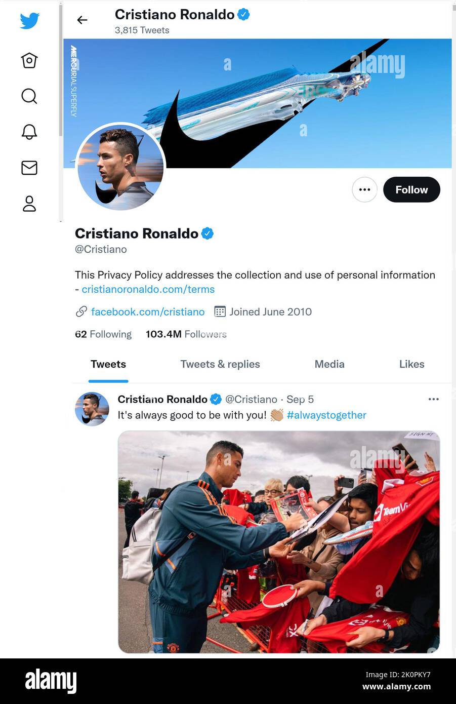 Twitter page (Sept 2022) of Cristiano Ronaldo Stock Photo