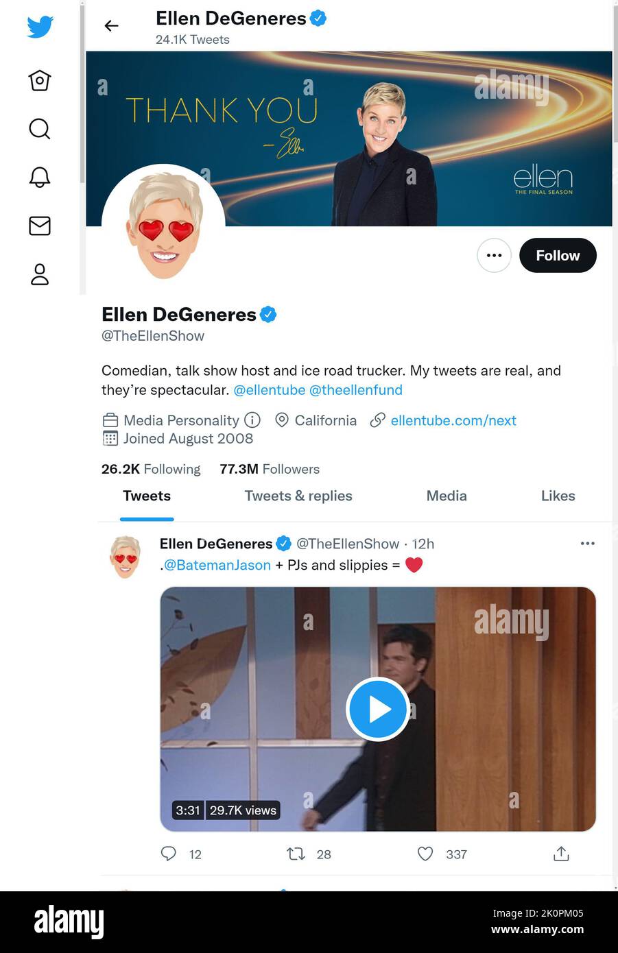 Twitter page (Sept 2022) of Ellen de Generes Stock Photo