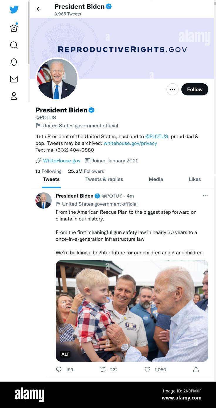 Twitter page (Sept 2022) of US President Biden Stock Photo