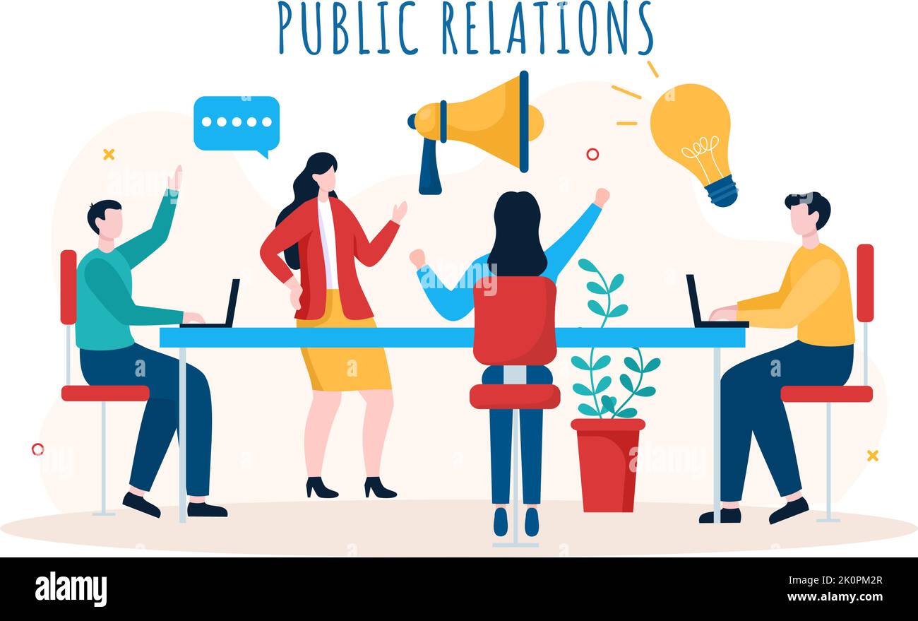 Public Relations Template Hand Drawn Cartoon Flat Illustration with Team for Idea of Marketing Campaign Through Mass Media to Advertise your Business Stock Vector