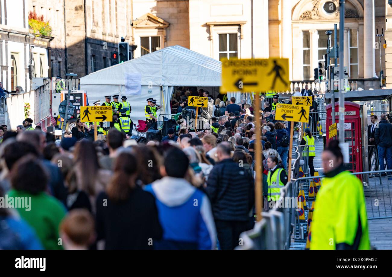 Edinburgh, Scotland, UK. 13th September 2022. Many members of the public queue to pay respects to Queen Elizabeth II who is resting inside St Giles Cathedral in Edinburgh  until returning to London this afternoon.  Iain Masterton/Alamy Live News Stock Photo