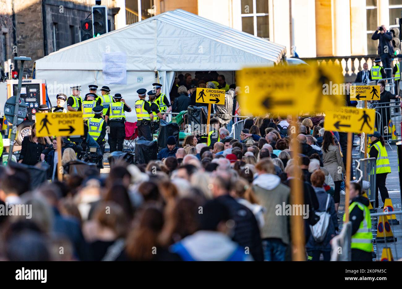 Edinburgh, Scotland, UK. 13th September 2022. Many members of the public queue to pay respects to Queen Elizabeth II who is resting inside St Giles Cathedral in Edinburgh  until returning to London this afternoon.  Iain Masterton/Alamy Live News Stock Photo