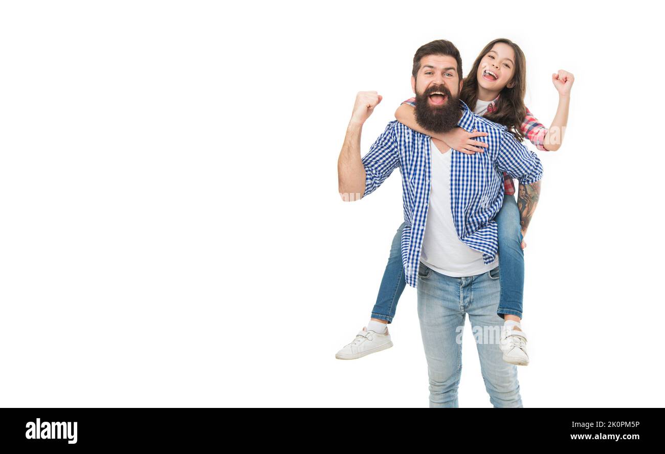 Active leisure. Fathers day. Father example noble human. Father little daughter. Best friends. Dad strong piggybacking adorable child. Having fun Stock Photo