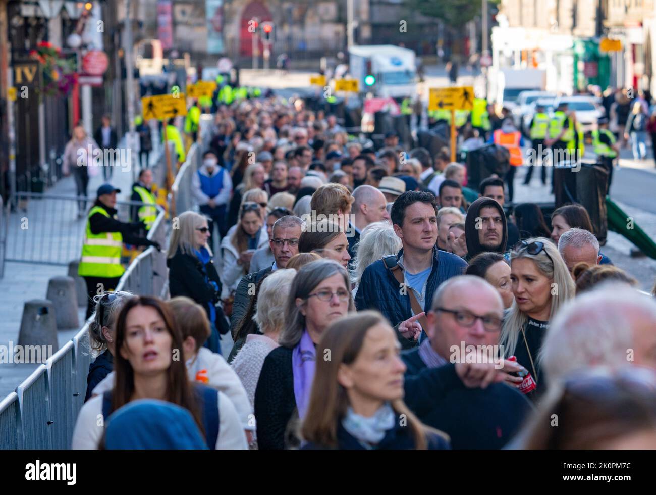 Edinburgh, Scotland, UK. 13th September 2022. Many members of the public queue to pay respects to Queen Elizabeth II who is resting inside St Giles Cathedral in Edinburgh  until returning to London this afternoon.  Iain Masterton/Alamy Live News Stock Photo