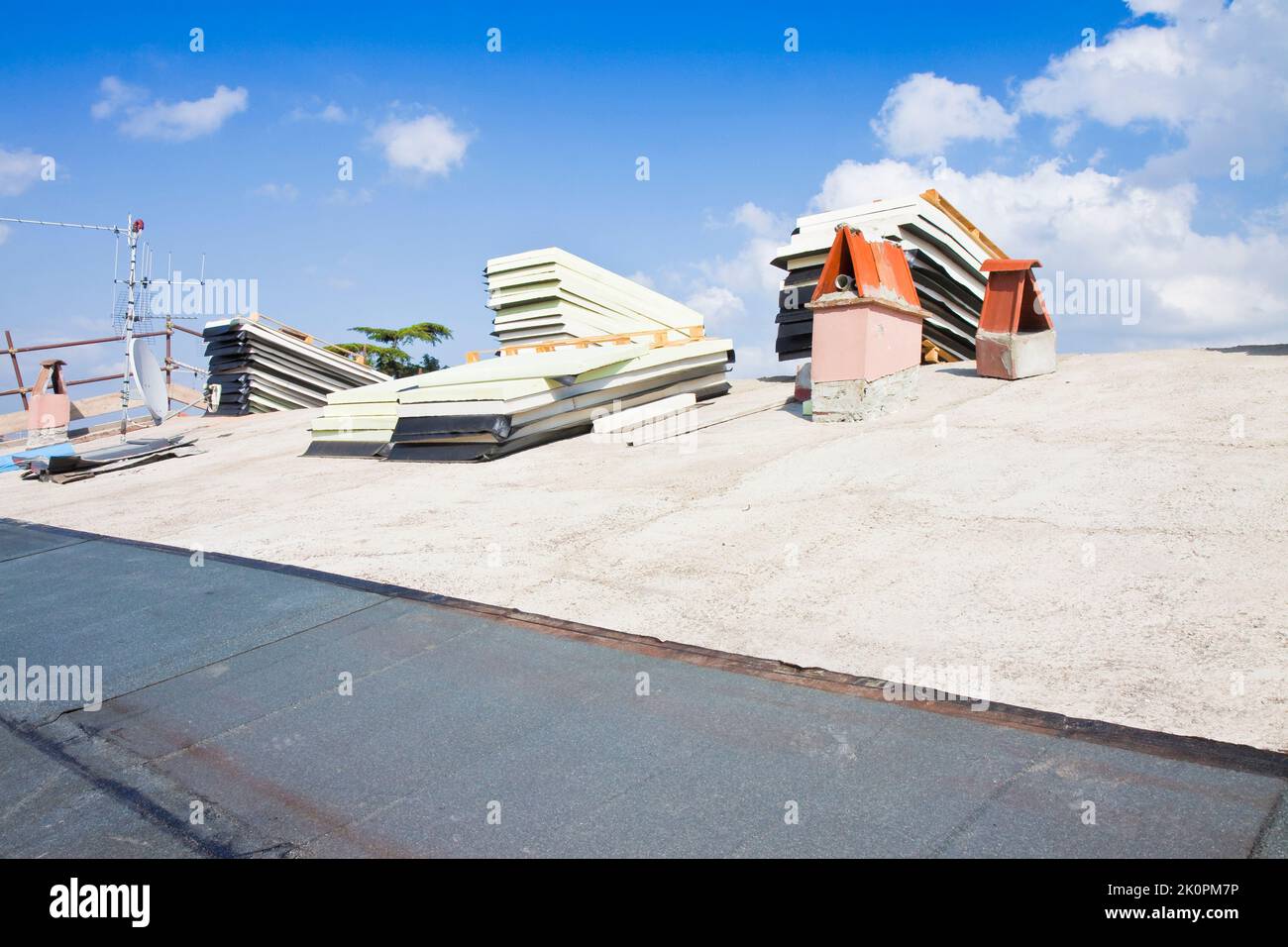 Italian construction site with roof covered with thermal insulation and
