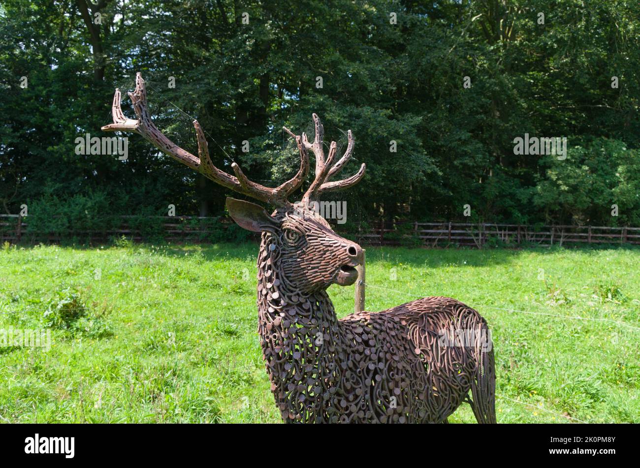 Stag sculpture in the Wildflower Meadow at Coton Manor Gardens, near Guilsborough, Northamptonshire, UK Stock Photo