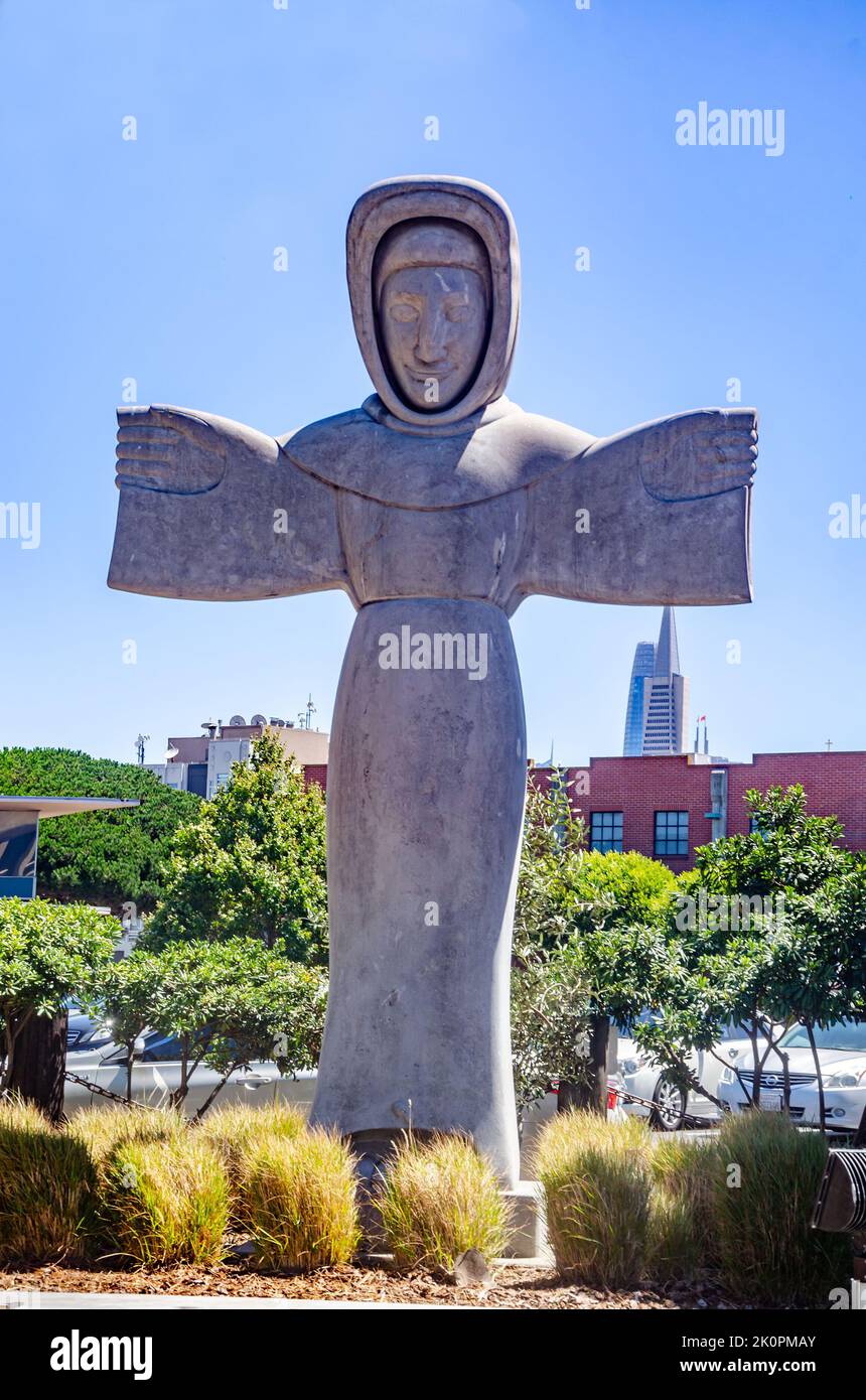 Sculpture of St Francis of Assisi by Beniamino Bufano in Frank Cresci Plaza in San Francisco, California Stock Photo