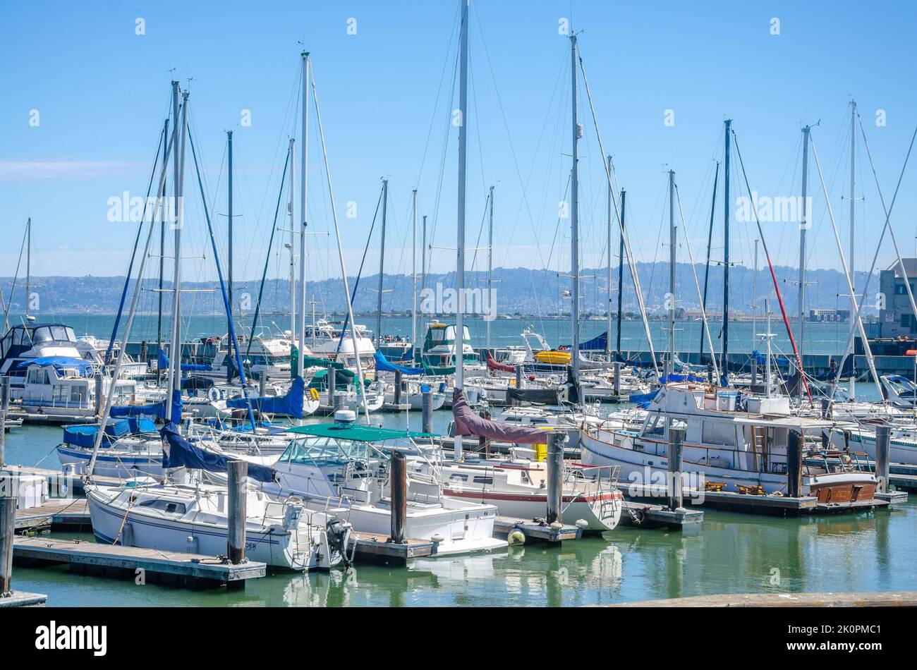 Sailing boats moored at a marina at Pier 39 in San Francisco, California, USA Stock Photo