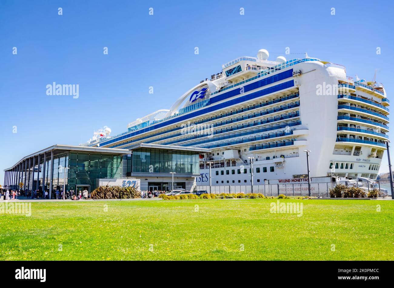 Ruby Princess, a massive cruise liner docked at The James R Herman Cruise Terminal at Pier 27 in The Port of San Francisco, California, USA Stock Photo