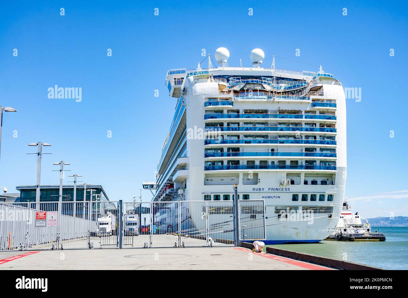 Ruby Princess, a massive cruise liner docked at The James R Herman Cruise Terminal at Pier 27 in The Port of San Francisco, California, USA Stock Photo