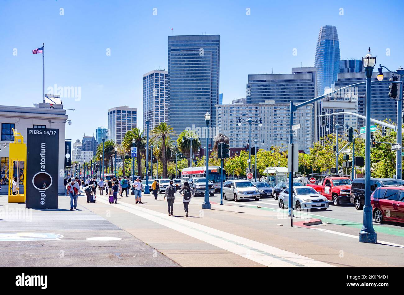 A view along Embarcadero in San Francisco  with skyscrapers in the distance an The Exploratorium science museum in the foreground Stock Photo
