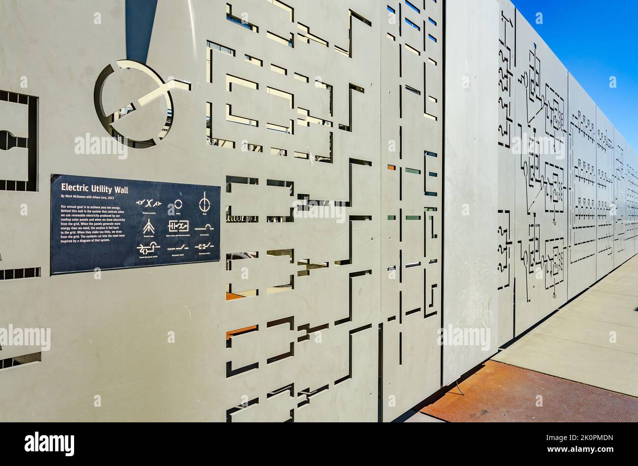 The Electric Utility Wall is a publicly displayed exhibit outside Exploratorium at Pier 15/17 in San Francisco, California Stock Photo
