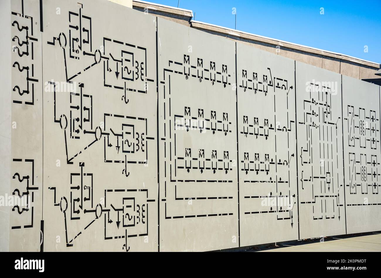 The Electric Utility Wall is a publicly displayed exhibit outside Exploratorium at Pier 15/17 in San Francisco, California Stock Photo