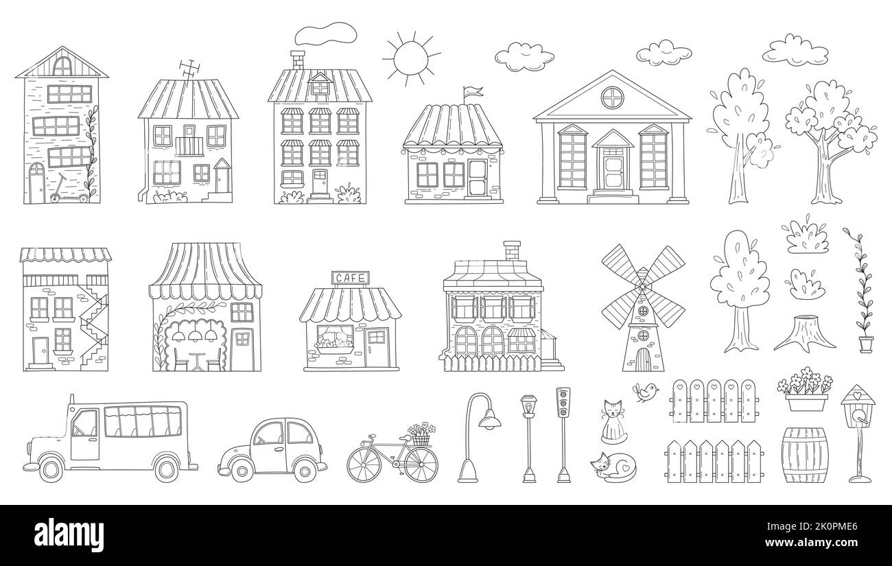 A set of outline houses, buildings, cafe, mill, trees, vehicles in sketch doodle style. Collection for kids design. Hand-drawn black and white vector Stock Vector
