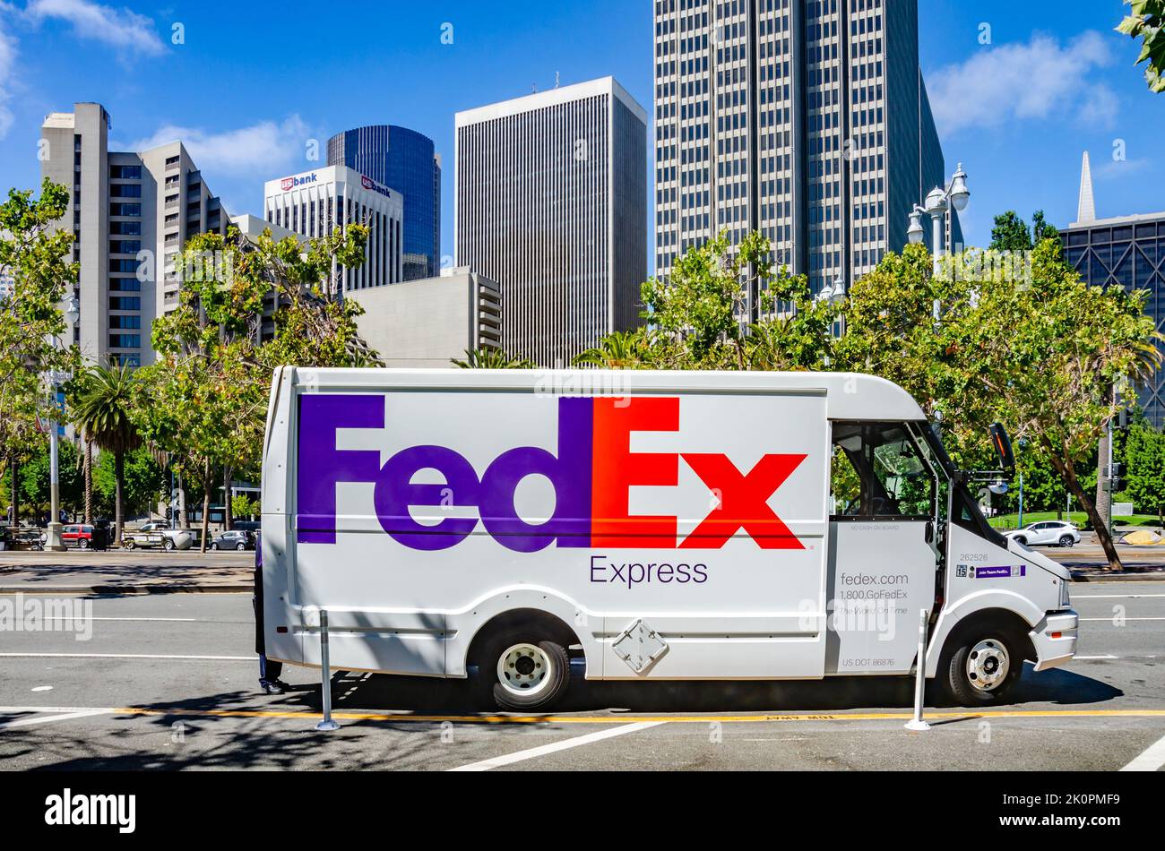A white FedEx courier delivery van on The Embarcadero in San Francisco