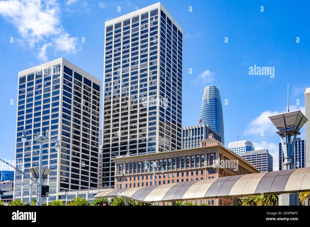 One market Plaza dominates the skyline seen against a blue sky. Stock Photo