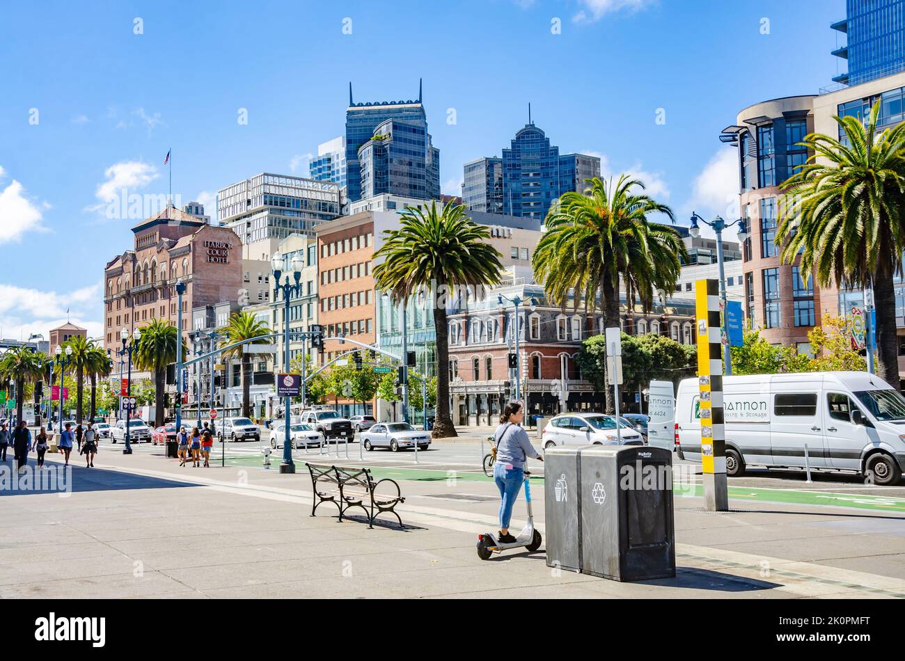 A view of Embarcadero in San Francisco on a dummer's day with blue sky and sunshine, Stock Photo