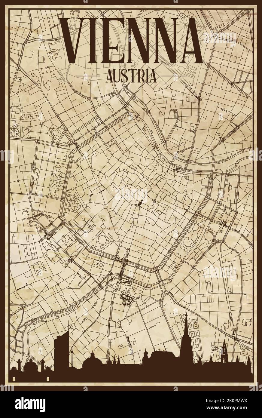 Framed downtown streets network printout map of VIENNA, AUSTRIA Stock