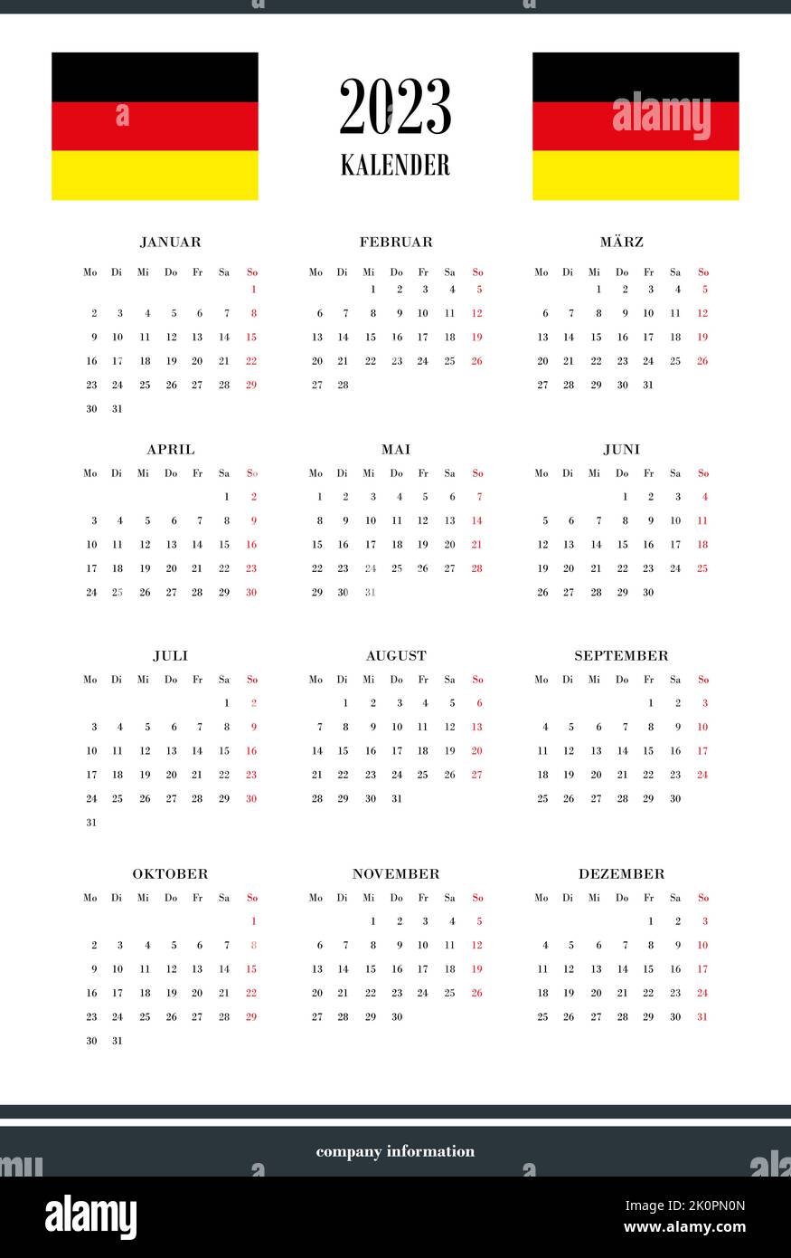 German calendar for 2023. 12 months on one page. Weekend start from