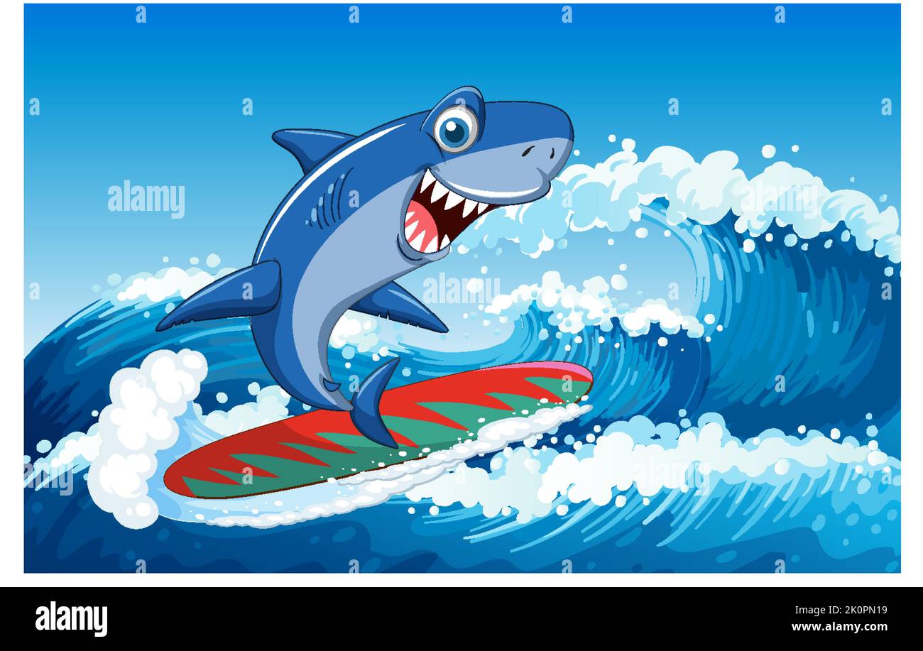 Cute shark surfing cartoon ocean scene illustration Stock Vector Image ...