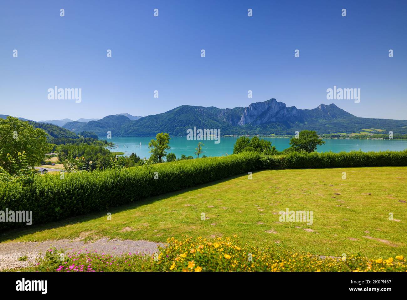 A scenic shot of a waterscape next to land with green meadow and ...