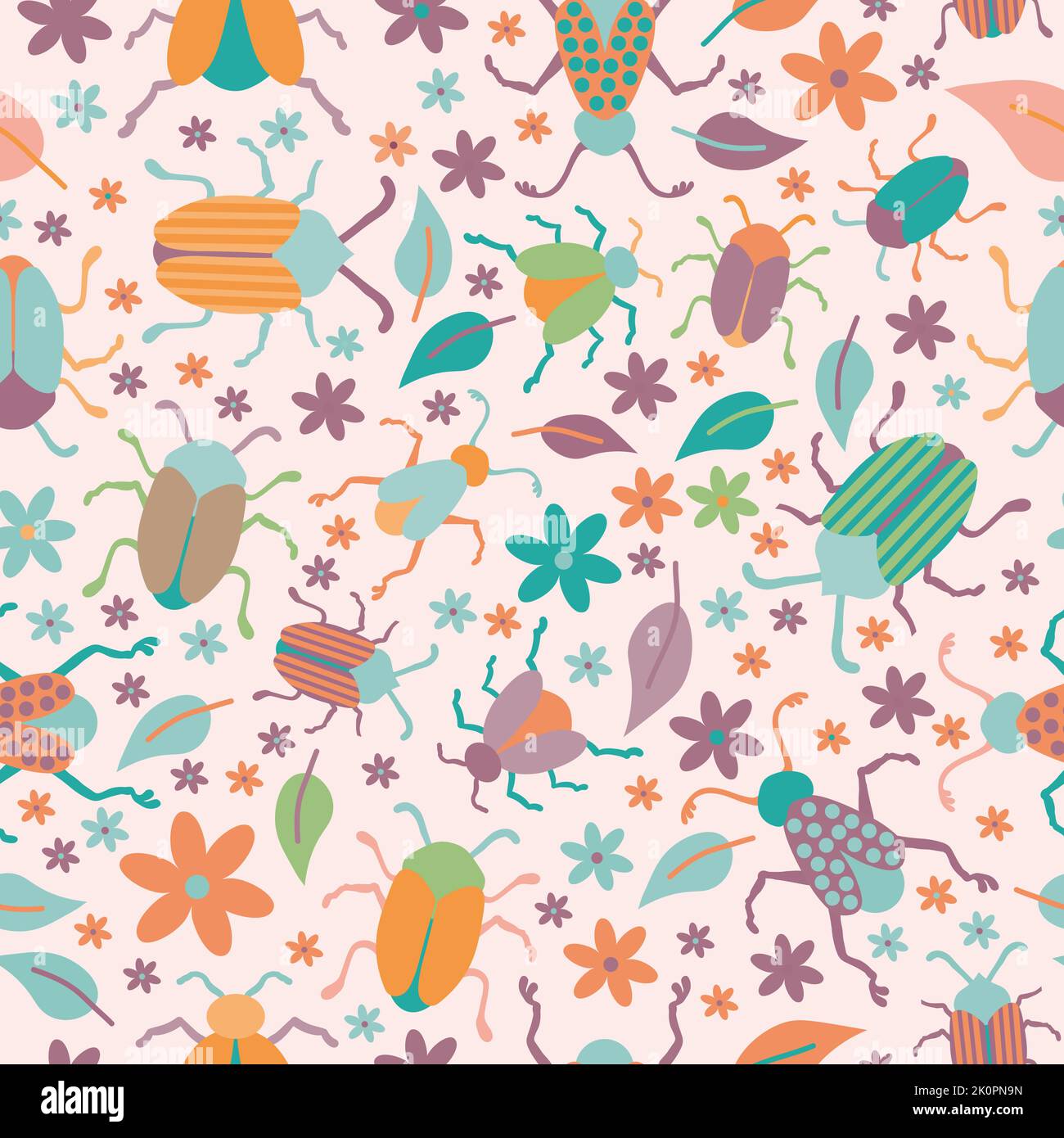 Bugs, leaves and flowers seamless pattern Stock Vector