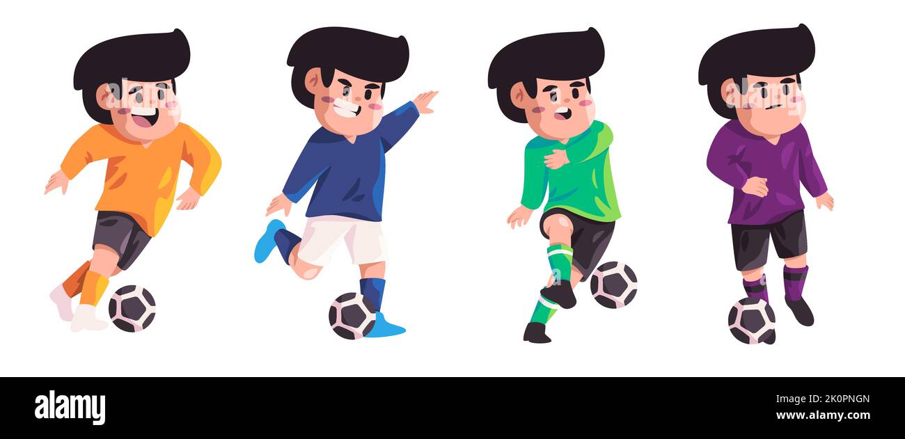 Soccer football action play shoot kick ball character sport athlete cartoon set collection Stock Vector