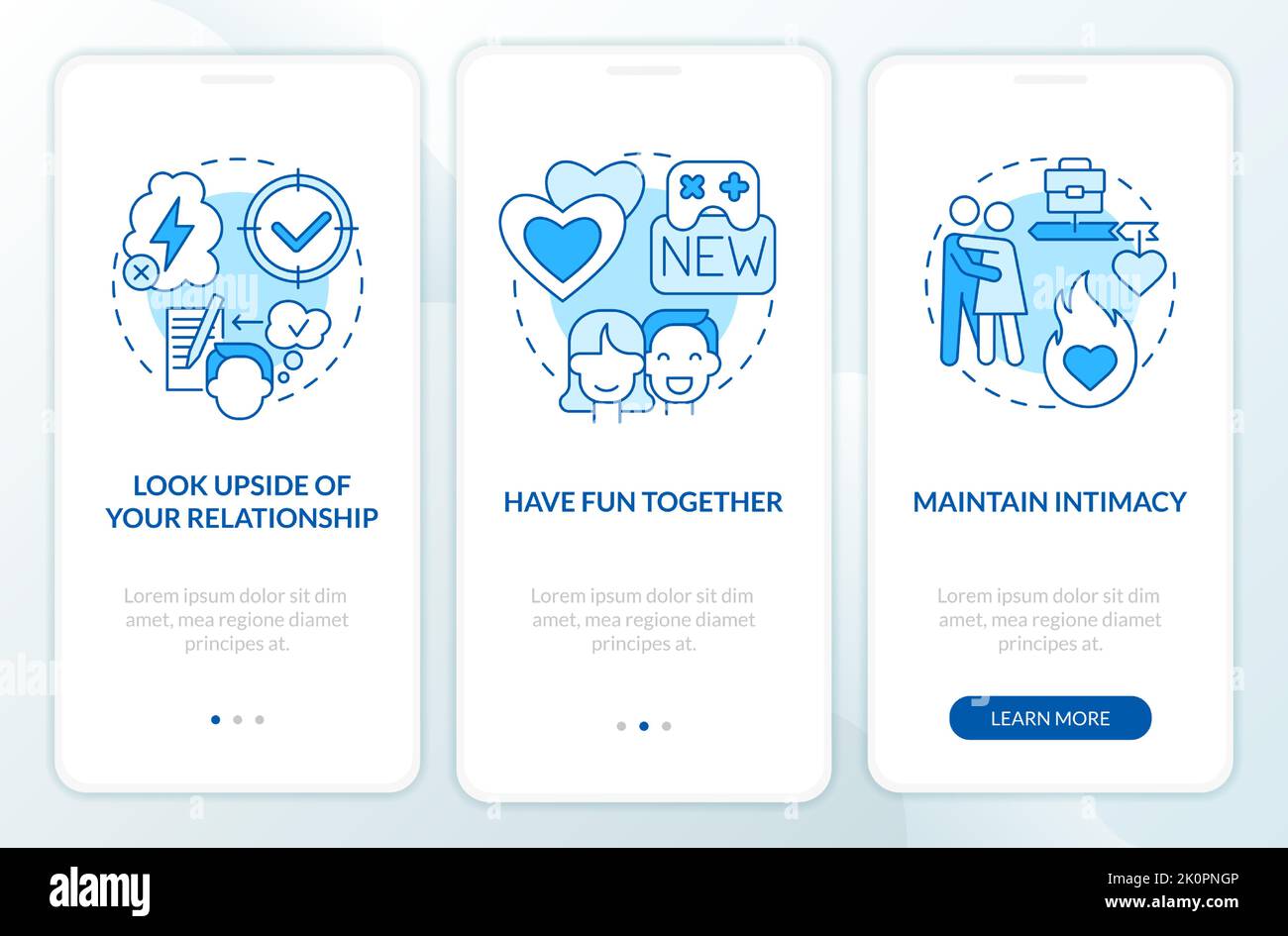 Keep passion in relationship tips blue onboarding mobile app screen ...