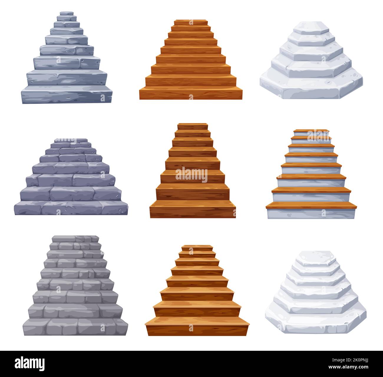 Cartoon isolated wooden and stone castle stairs, staircase, stairway. Vector antique and modern ladder flights without railings, wood or marble step treads and rock risers, castle interior objects Stock Vector