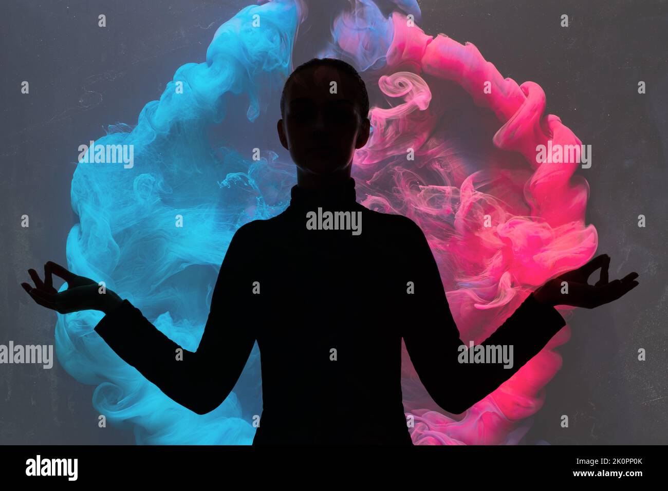 double exposure silhouette woman yoga blue pink Stock Photo - Alamy