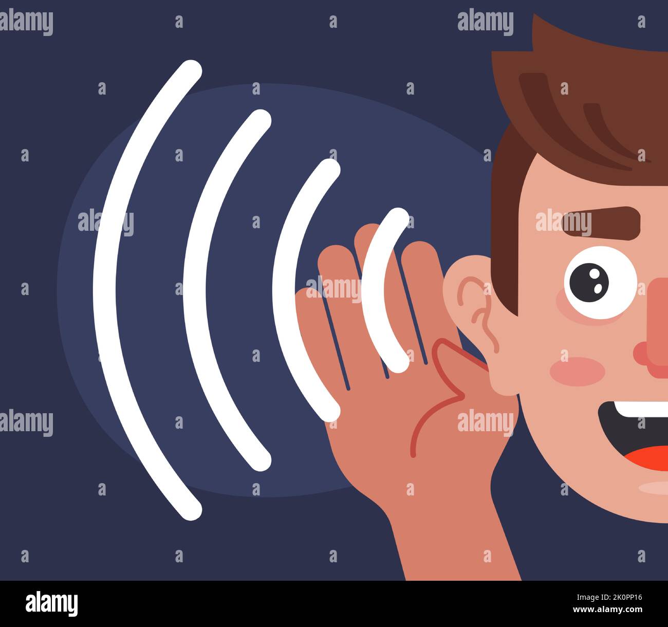 a man overhears a conversation. a large ear listens to someone else conversation. flat vector illustration. Stock Vector