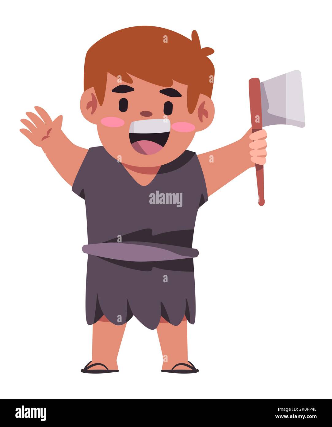 Kids prehistoric holding axe made of rock or stone standing and smile Stock Vector