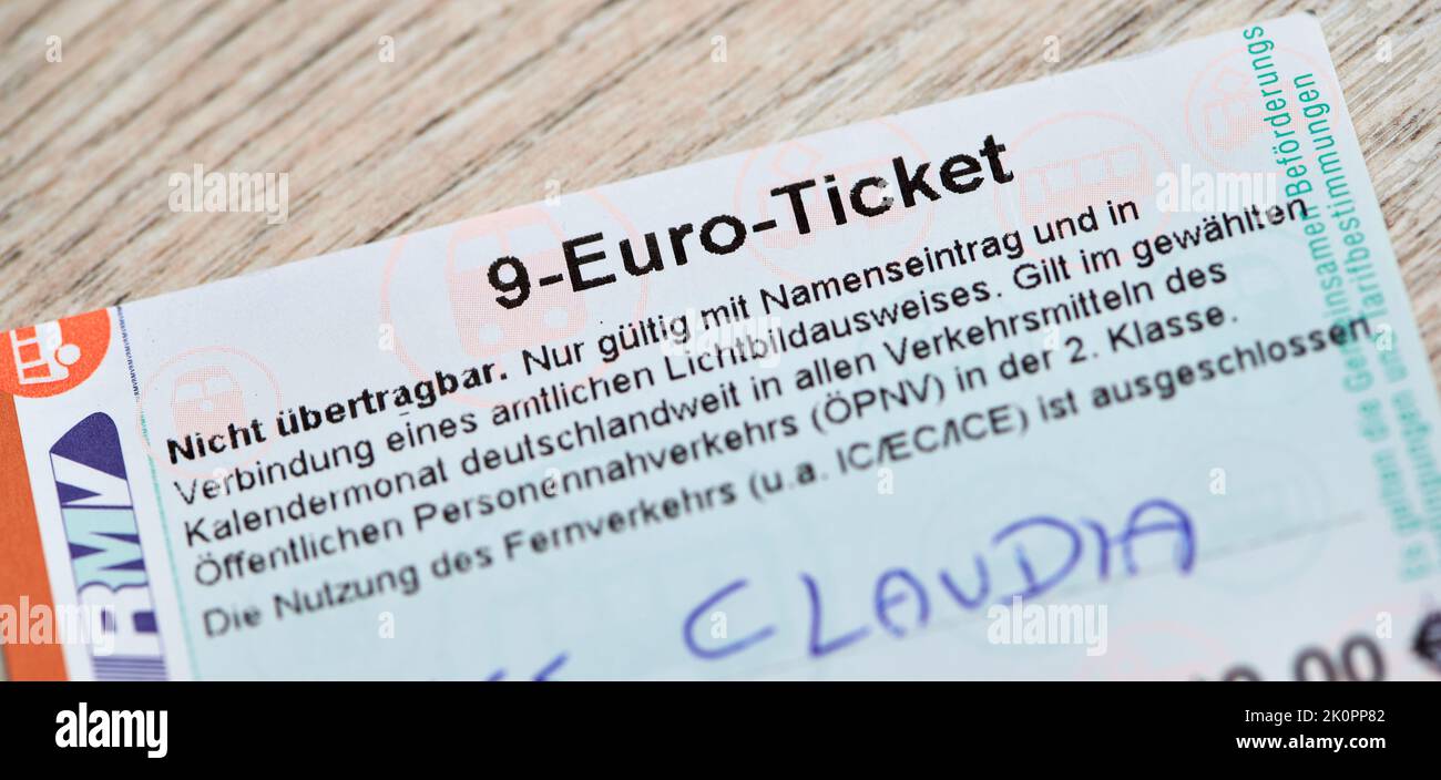 Mainz, Germany - September 13, 2022: the used nine euro ticket of the Rhein-Main-Verkehrsverbund abbrev. RMV, a German transport association, from Jul Stock Photo