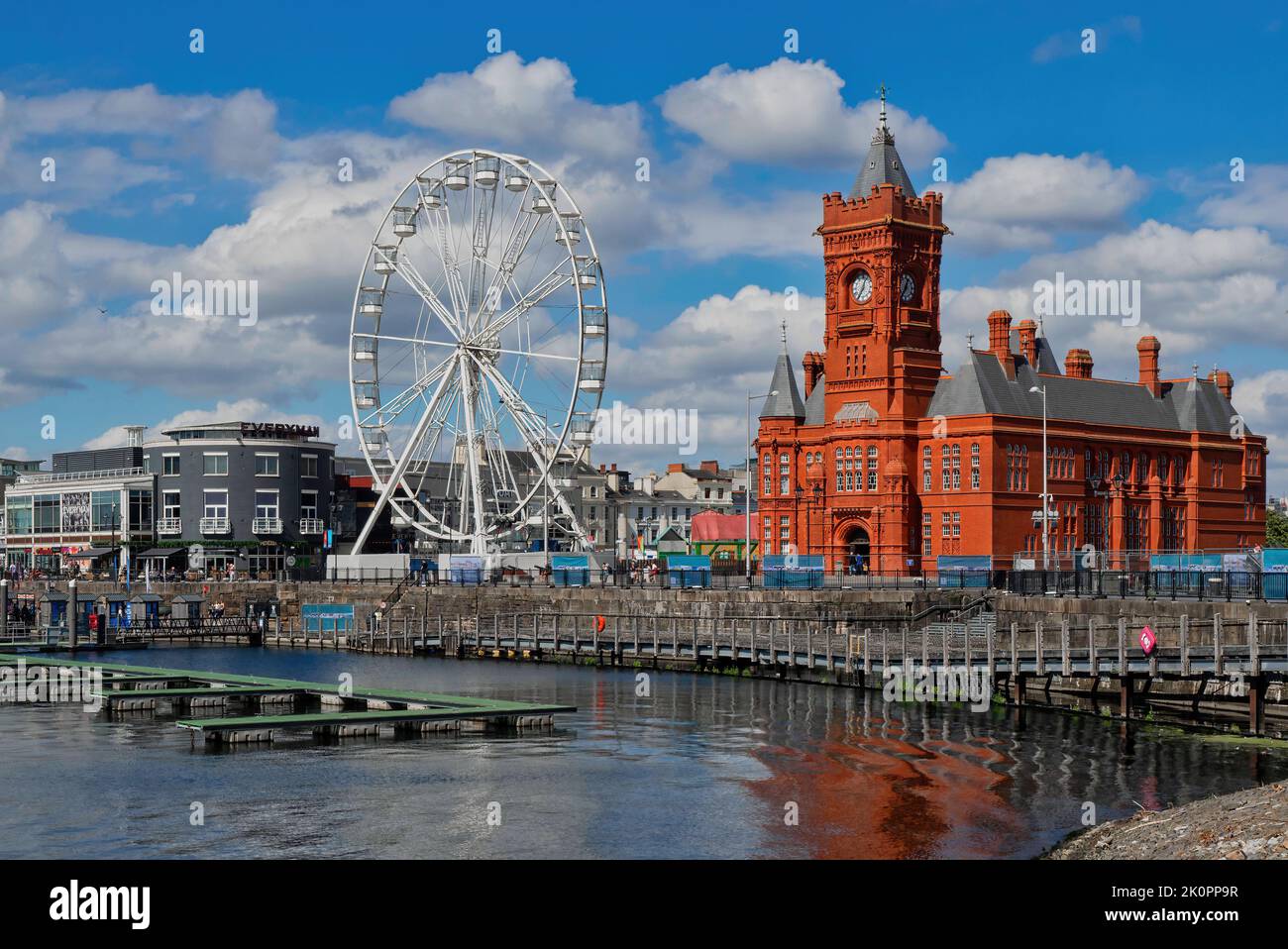 The vibrant waterfront at Cardiff Bay on a busy summer afternoon, including the Pierhead 