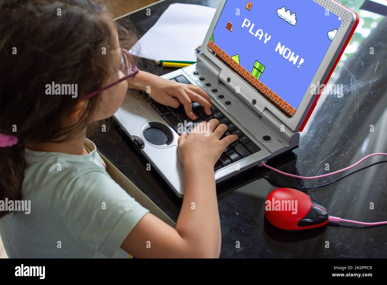 Distance learning for children. Computer development for the child. Virtual communication. Stock Photo