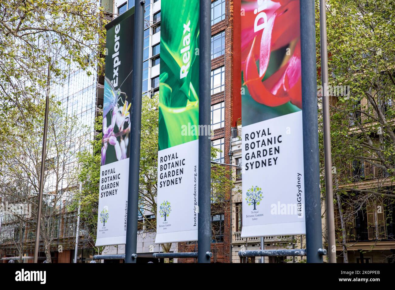 Signs and banners at the entrance to the Royal botanic Garden in Sydney city centre,NSW