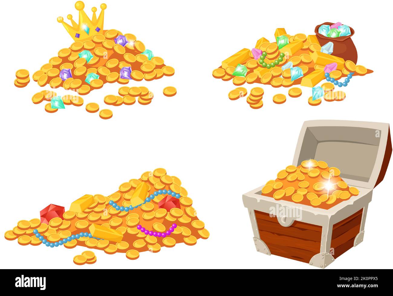 Golden coins heap cartoon. Wooden pirate chest with jewelry and money. Gold treasure, sack with gemstones. Antique open pirate box for game. Shiny lux Stock Vector