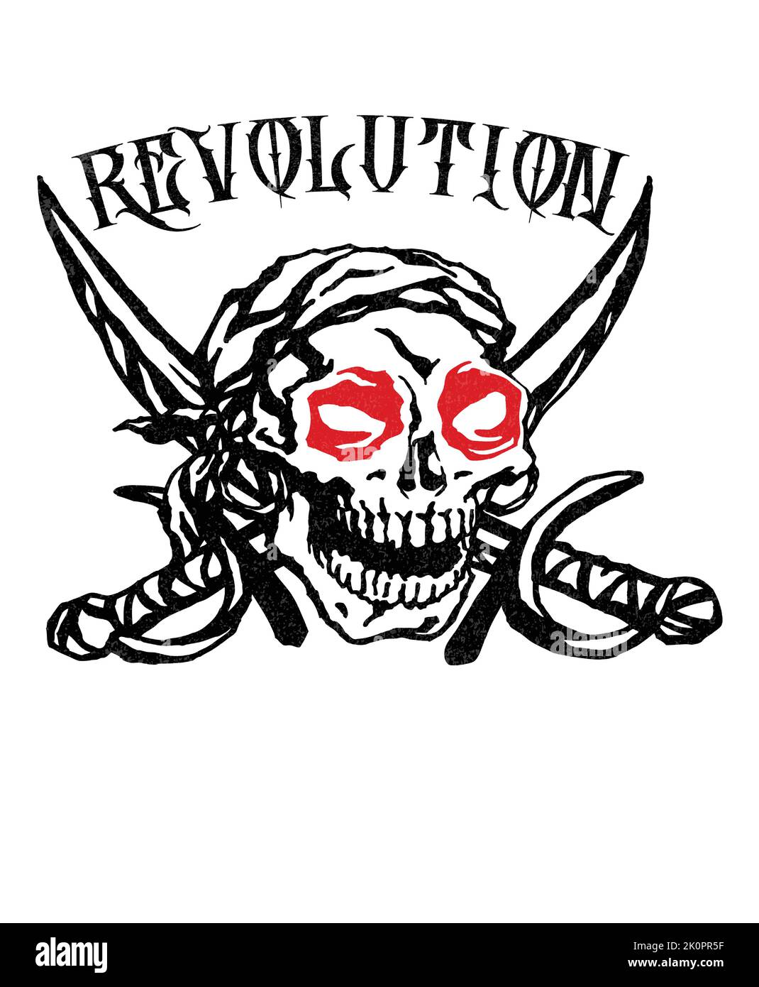 A black and white illustration of pirate skull with red eyes Stock