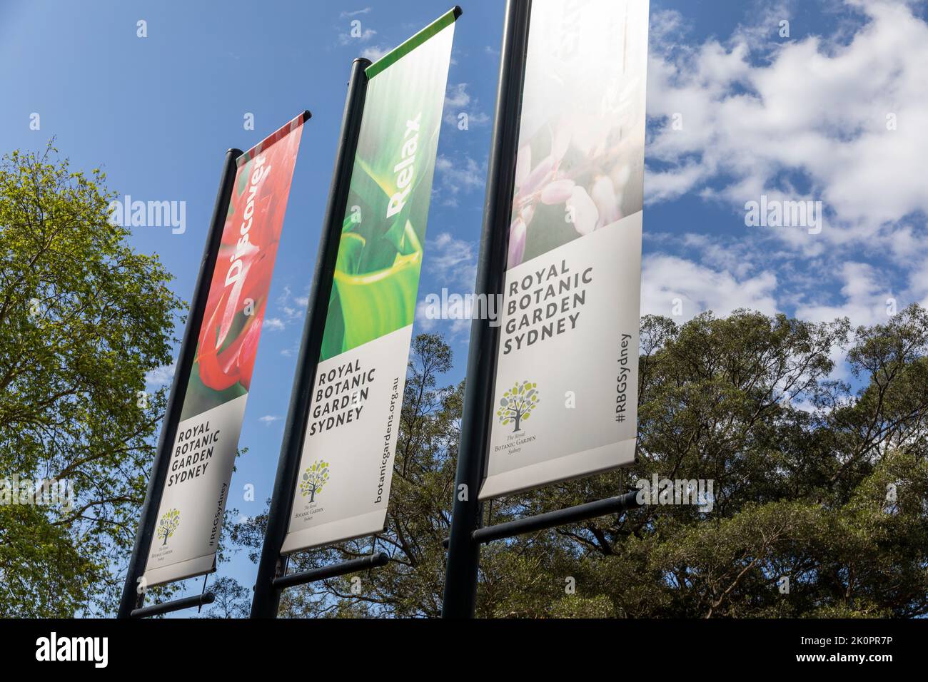 Signs and banners at the entrance to the Royal botanic Garden in Sydney